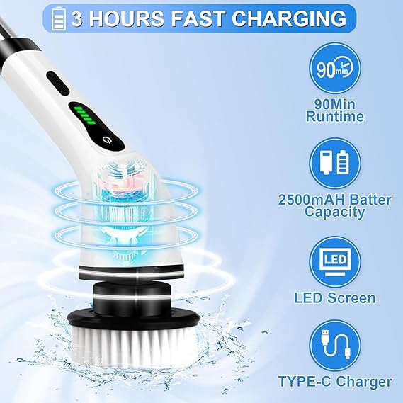 Vericon Electric Mop for Floor Cleaning |  Bathroom Power Brush with LED Display & Long Handle | Replaceable Heads 90Mins Work Time,3 Adjustable Size |
