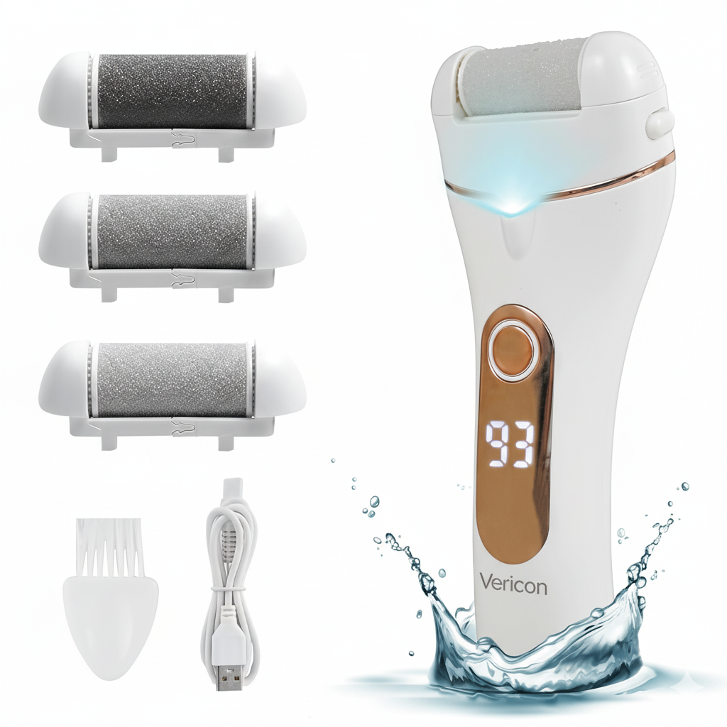 Vericon Callus Remover for Feet | Foot Scrubber for Dead Skin, Pedicure Machine Foot Spa | Interchangeable Head Rollers, Rechargeable for Foot Care