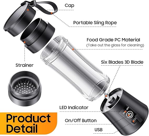 Vericon Portable Blender Electric Juicer | Fruit Mixer USB Rechargeable Smoothie Maker |  Personal Size for Juices, Shakes and Smoothies |  1500 Mah Rechargeable Battery-Smoothie Blender