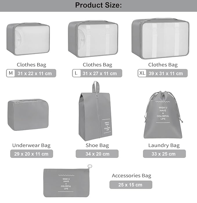 Vericon 7 Set Travel Organizer Bag | Travel Space Saver Laundry Cosmetics Luggage Makeup Bag Organizers Set | Travel Accesories |